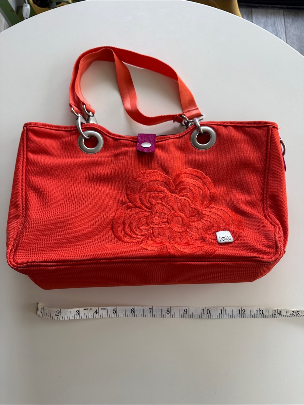 Haiku Tote with padding for small laptop. Closure Double Handles Orange/Pink